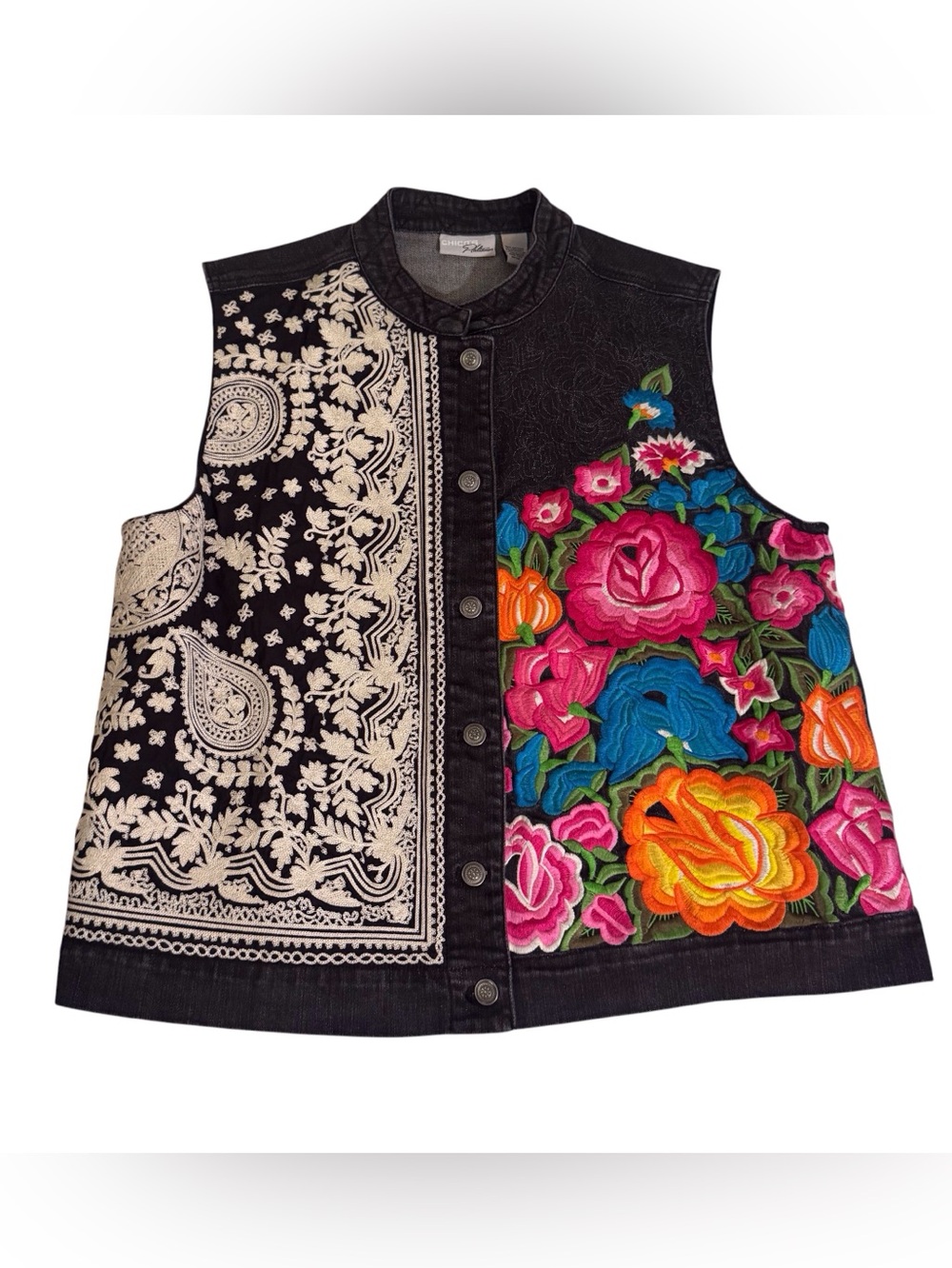 Chicos Size 3 X-Large Floral Embroidered Vest Top Button Up Boho Western Cottage
